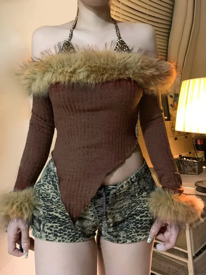 Fur Halter Knit Top