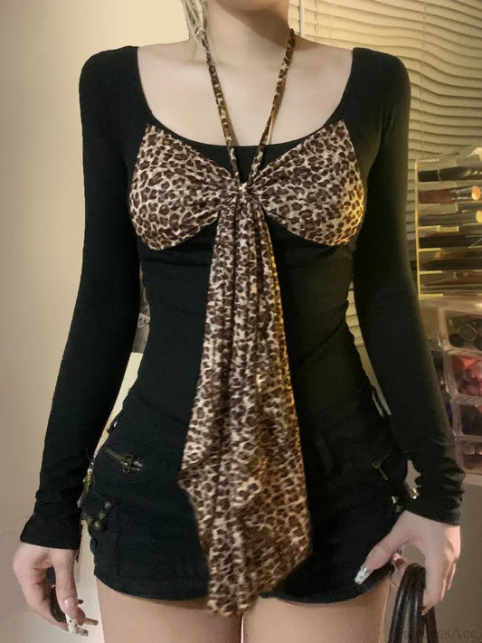 Leopard Bow Halter Knit Top