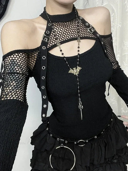 Mesh Hollow Sleeve Knit Top